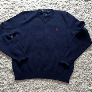 POLO RALPH LAUREN Men's Pure Lambswool Warm Soft Navy V-neck Jumper, size L